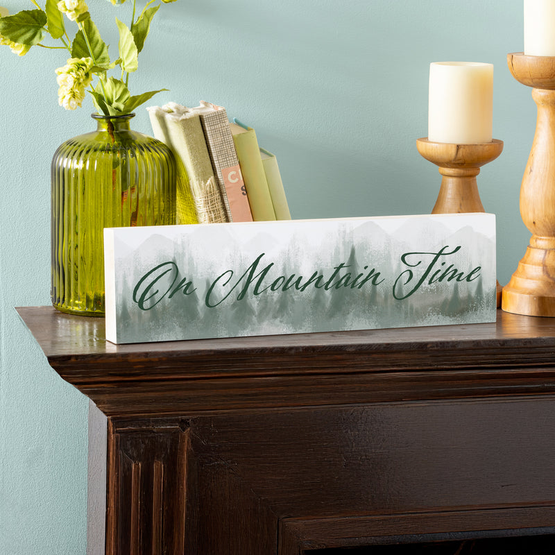 High Country Painting Wood Mantle Sign, "On Mountain Time", 18"x5"