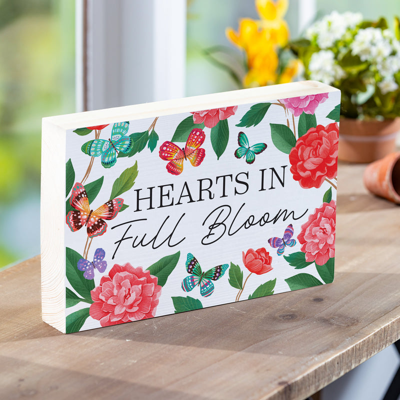 Peony Toile Wood Sign Plock, Butterfly "Hearts In Full Bloom", 12"x8"