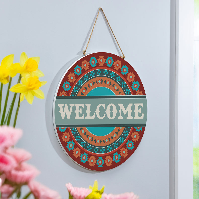Southwest Pueblo Wood Door Decor, Aztec "Welcome", 18"