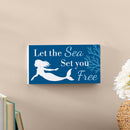 Blue Coastal Coral Sea Wood Hanging Sign w/ Rope, Mermaid "Let The Sea Set You Free", 11"x6"