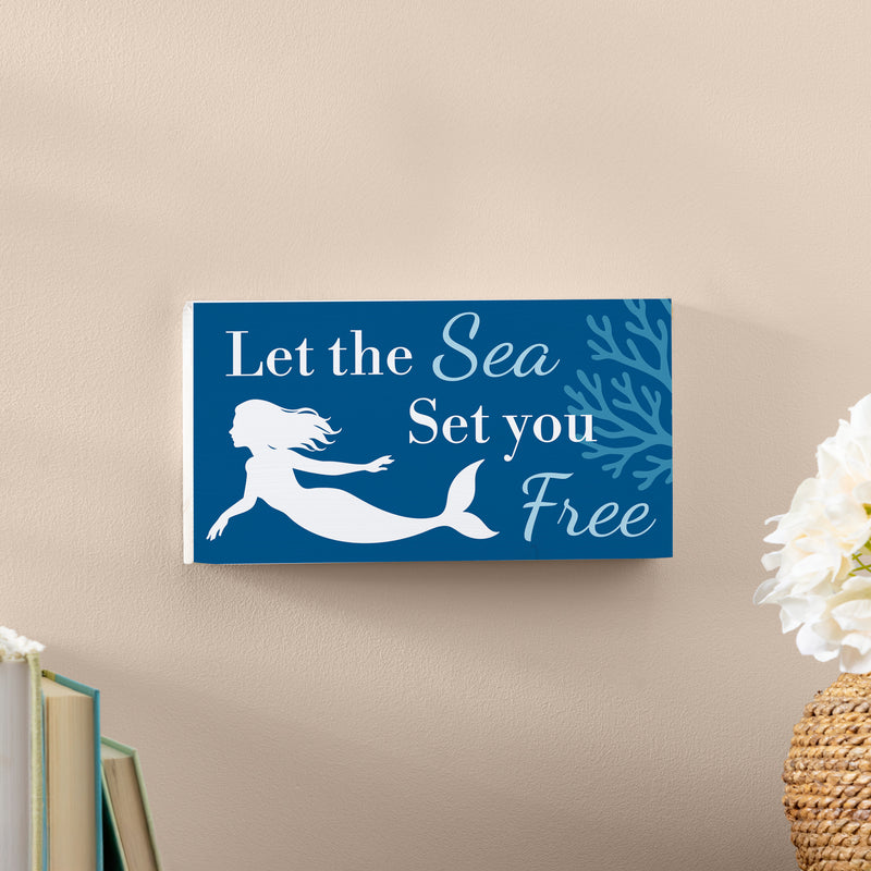 Blue Coastal Coral Sea Wood Hanging Sign w/ Rope, Mermaid "Let The Sea Set You Free", 11"x6"