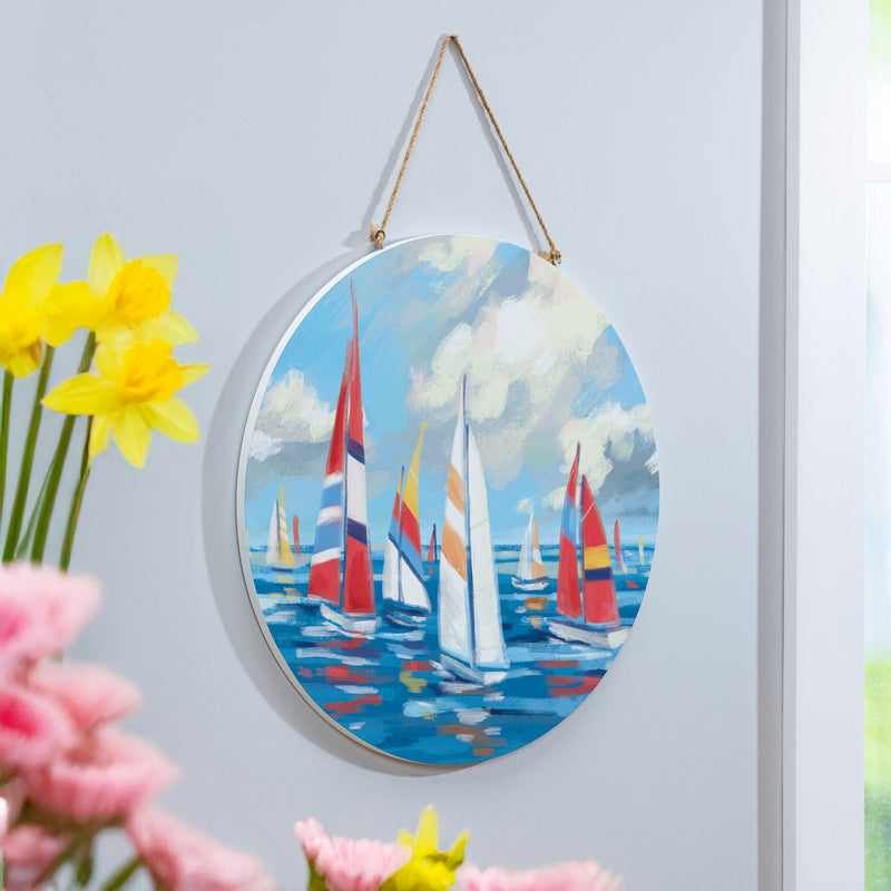 Blue Coastal Sailboats Wood Door Decor, 18"