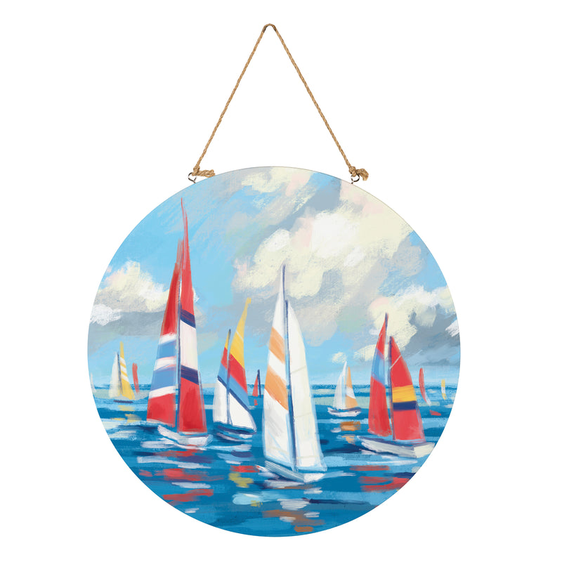 Blue Coastal Sailboats Wood Door Decor, 18"
