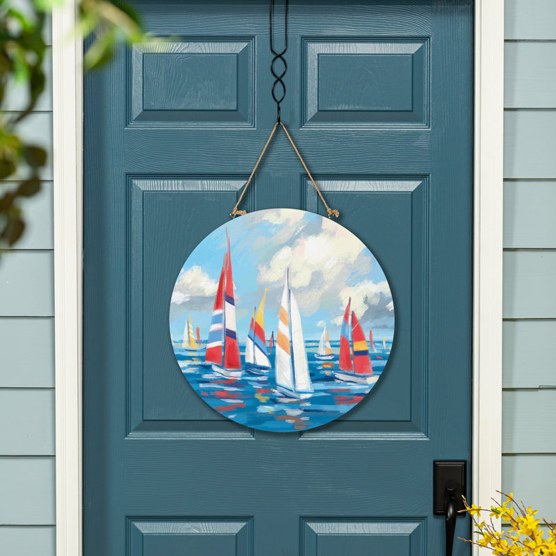 Blue Coastal Sailboats Wood Door Decor, 18"