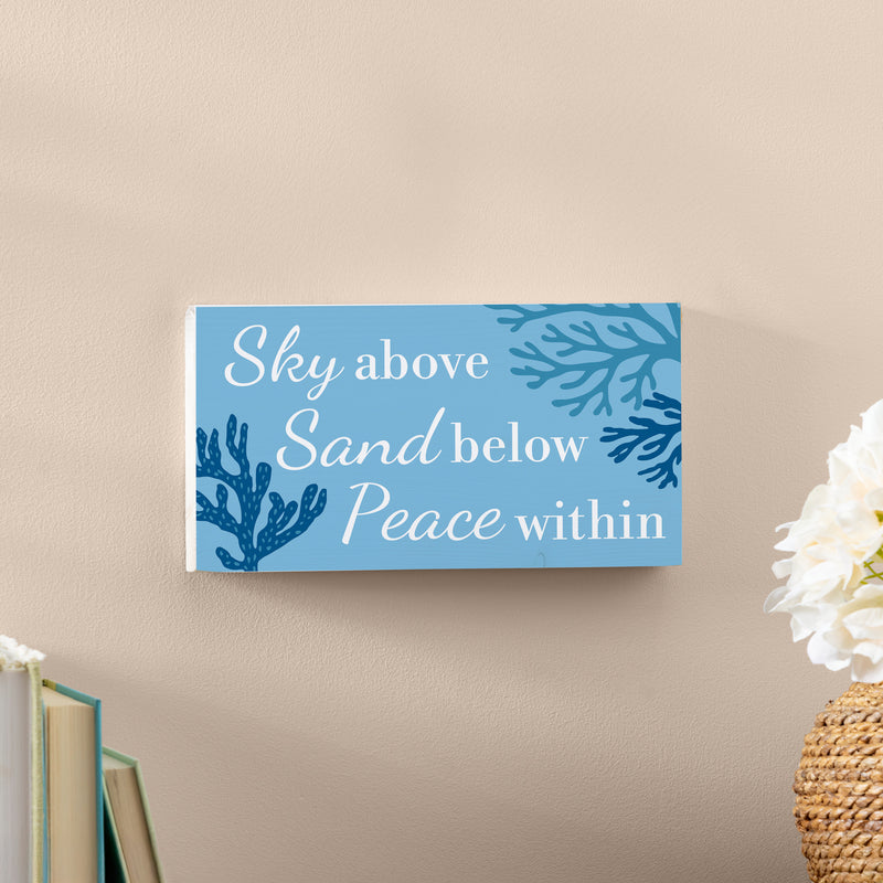 Blue Coastal Coral Sea Wood Hanging Sign w/ Rope, "Sky Above Sand Below Peace Within", 11"x6"