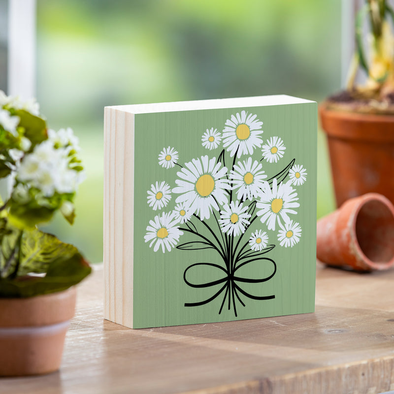 Daisy Scape Wood Sign Plock, Bouquet, 6"x6"