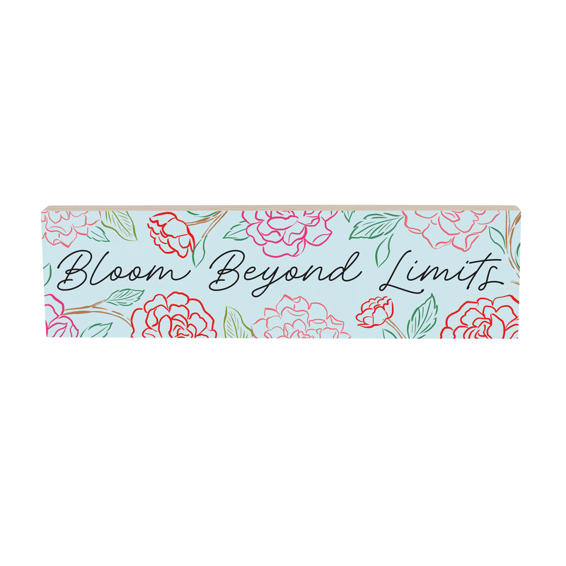 Peony Toile Wood Mantle Sign, Line Art "Bloom Beyond Limits", 18"x5"