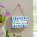 Blue Coastal Coral Sea Wood Hanging Sign w/ Rope, "Meet Me Where The Sky Touches The Sea", 11"x6"