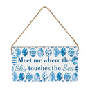 Blue Coastal Coral Sea Wood Hanging Sign w/ Rope, "Meet Me Where The Sky Touches The Sea", 11"x6"