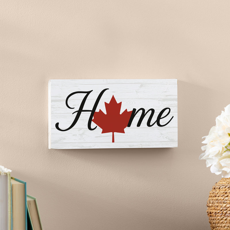 Canada Strong Maple Leaf Wood Hanging Sign w/ Rope, "Home", 11"x6"