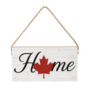 Canada Strong Maple Leaf Wood Hanging Sign w/ Rope, "Home", 11"x6"