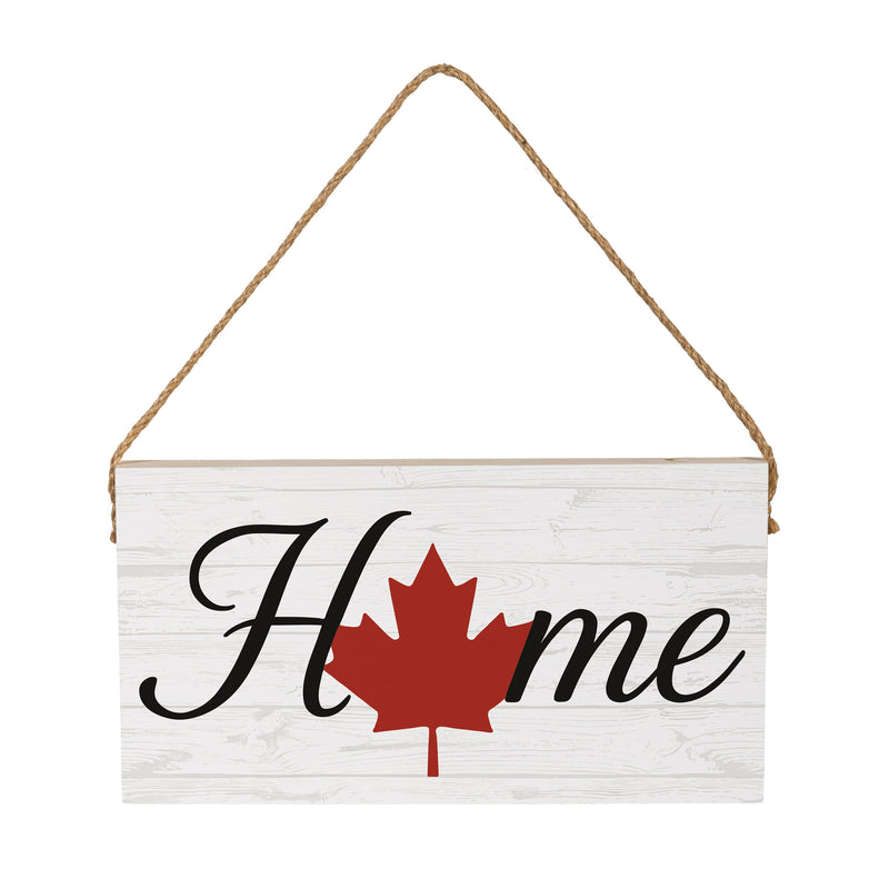 Canada Strong Maple Leaf Wood Hanging Sign w/ Rope, "Home", 11"x6"
