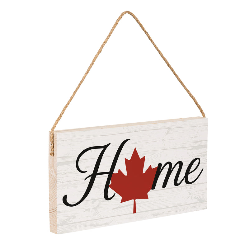 Canada Strong Maple Leaf Wood Hanging Sign w/ Rope, "Home", 11"x6"