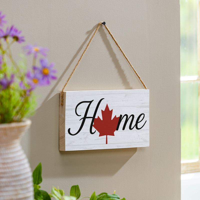 Canada Strong Maple Leaf Wood Hanging Sign w/ Rope, "Home", 11"x6"