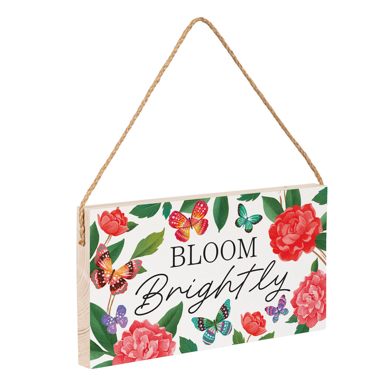 Peony Toile Wood Hanging Sign w/ Rope, Butterfly "Bloom Brightly", 11"x6"