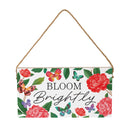 Peony Toile Wood Hanging Sign w/ Rope, Butterfly "Bloom Brightly", 11"x6"