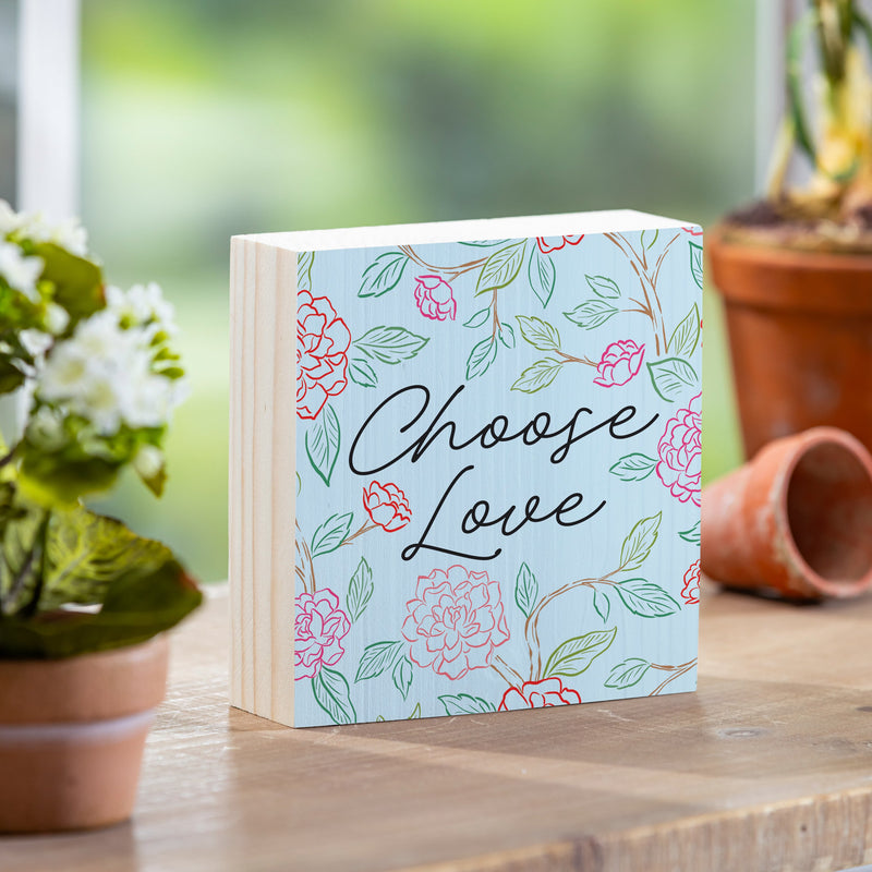 Peony Toile Wood Sign Plock, Line Art "Choose Love", 6"x6"