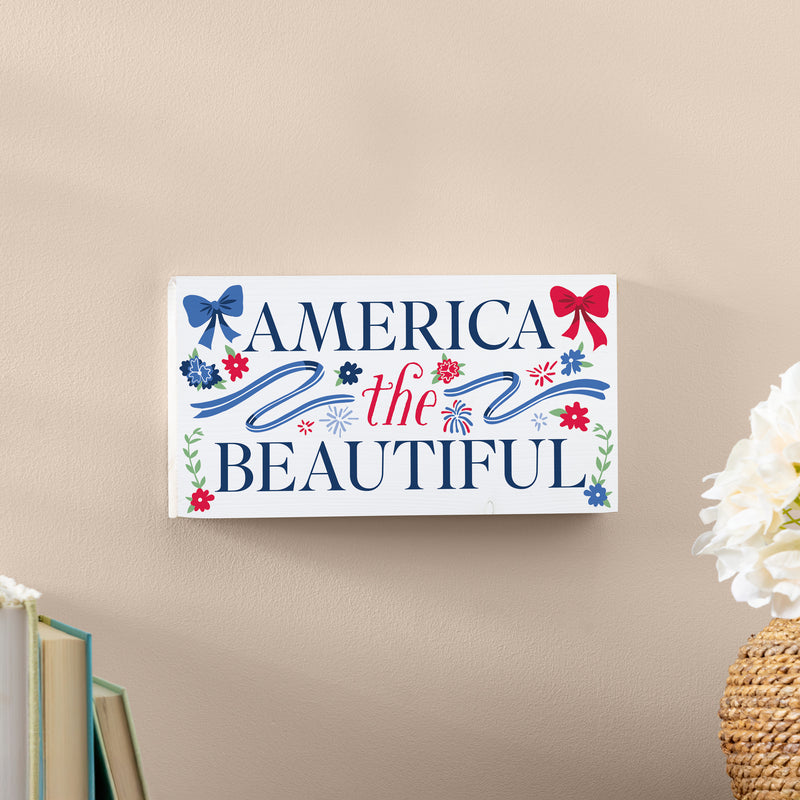 American Classic Red White & Bows Wood Hanging Sign w/ Rope, "America The Beautiful", 11"x6"