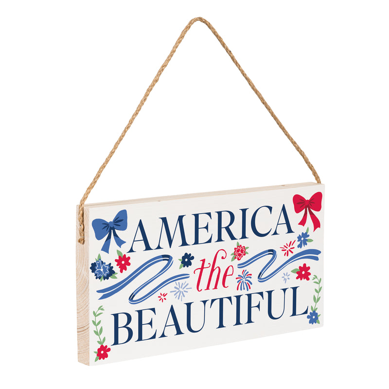 American Classic Red White & Bows Wood Hanging Sign w/ Rope, "America The Beautiful", 11"x6"