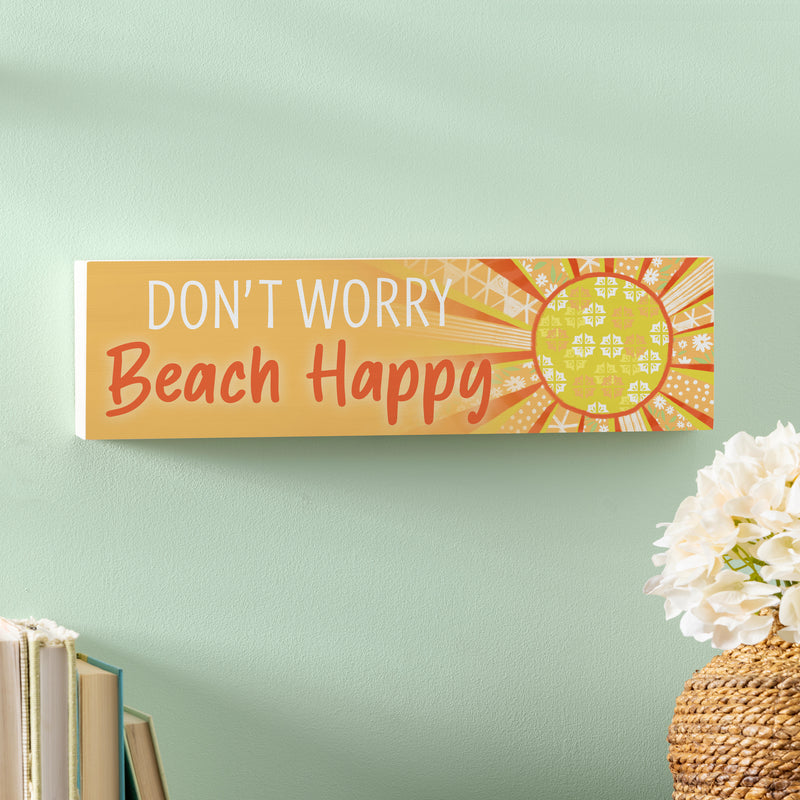 Blue Coastal Make Waves Wood Mantle Sign, Sun "Don't Worry Beach Happy", 18"x5"