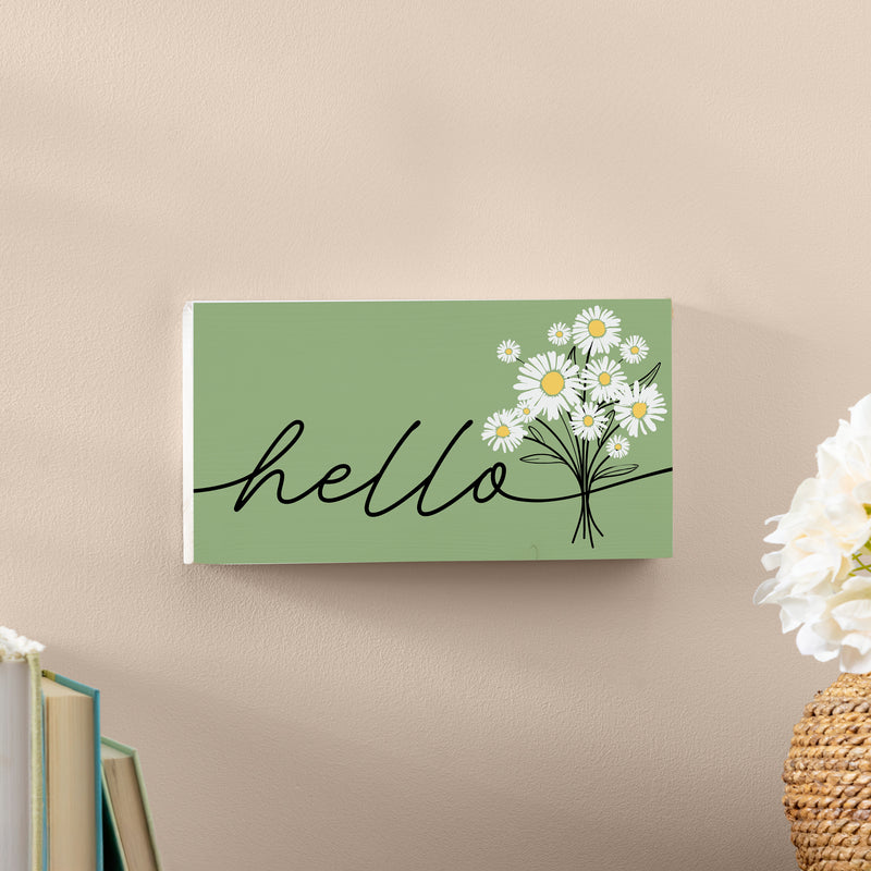 Daisy Scape Wood Hanging Sign w/ Rope, "Hello" Bouquet, 11"x6"