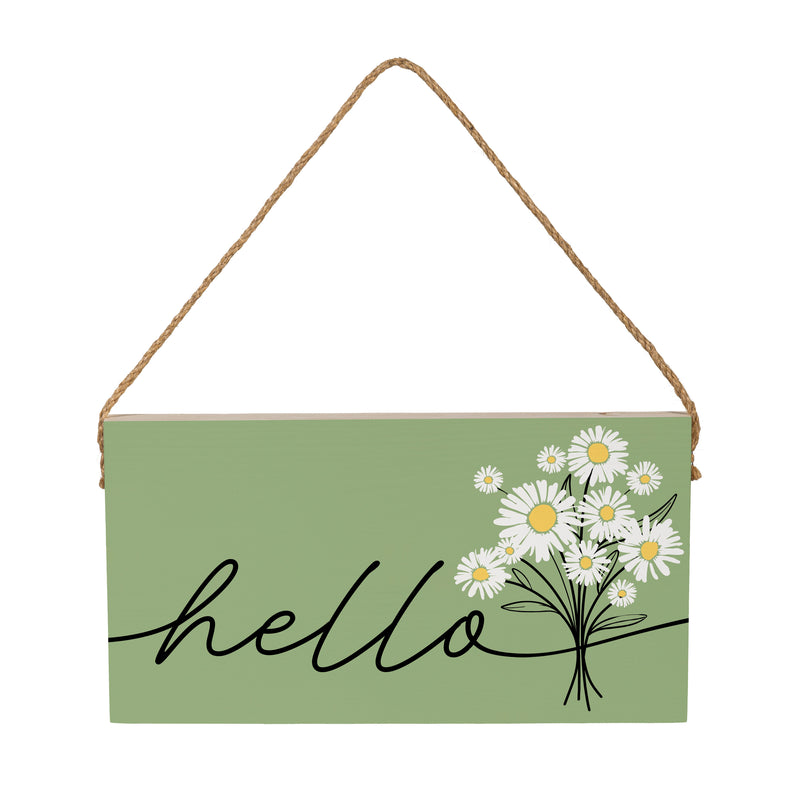 Daisy Scape Wood Hanging Sign w/ Rope, "Hello" Bouquet, 11"x6"