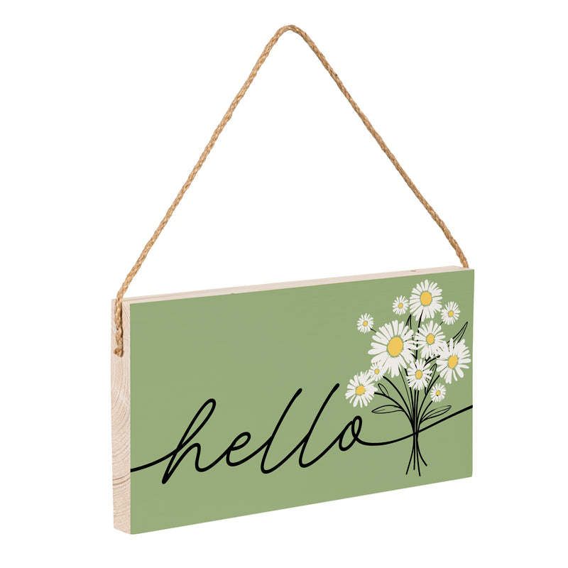 Daisy Scape Wood Hanging Sign w/ Rope, "Hello" Bouquet, 11"x6"