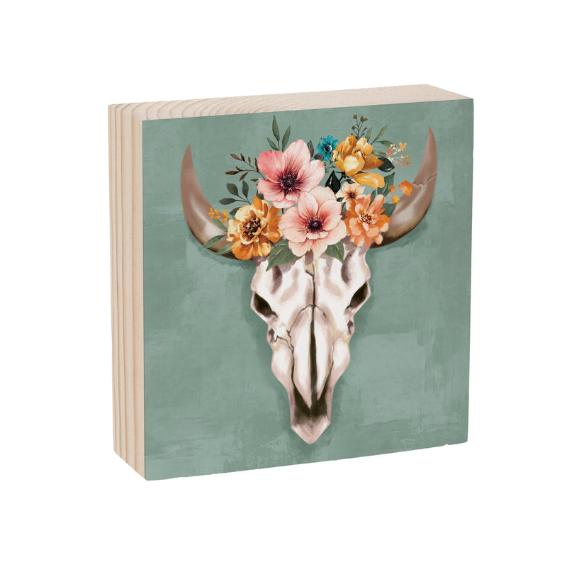 Southwest Pueblo Wood Sign Plock, Steer Skull, 6"x6"