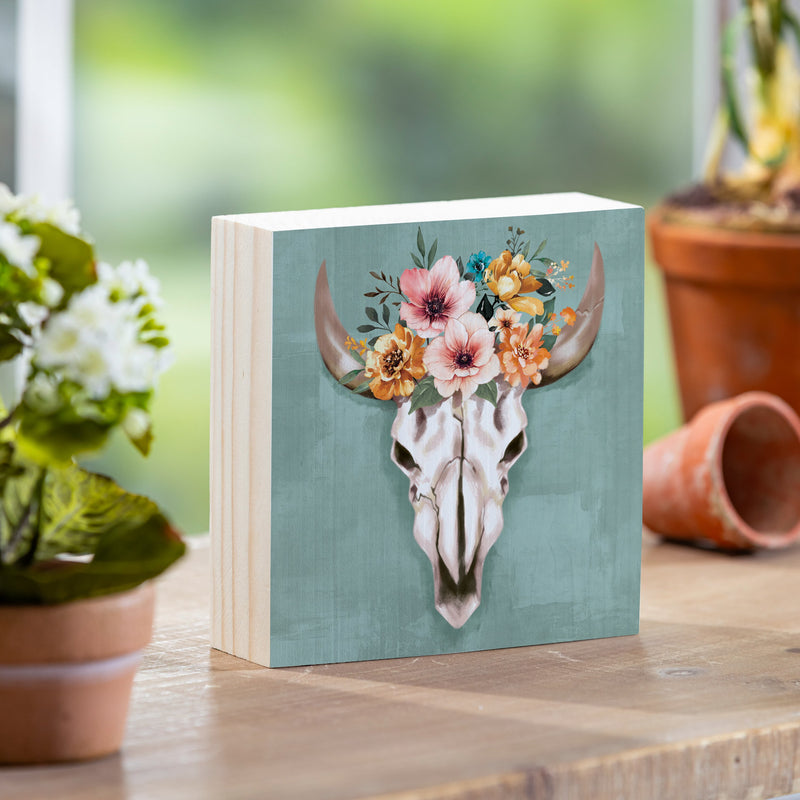 Southwest Pueblo Wood Sign Plock, Steer Skull, 6"x6"