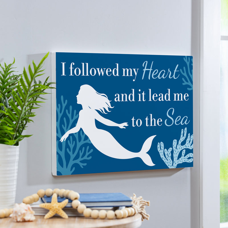 Blue Coastal Coral Sea Indoor Wall Decor, Wood, Mermaid "Heart", 24"x16"