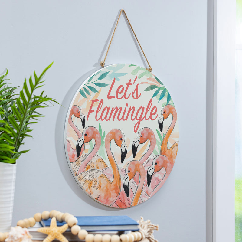 Palm Beach Flamingo Wood Door Decor, "Let's Flamingle", 18"