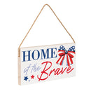 American Classic Stars & Stripes Wood Hanging Sign w/ Rope, "Home Of The Brave", 11"x6"