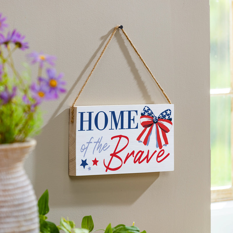 American Classic Stars & Stripes Wood Hanging Sign w/ Rope, "Home Of The Brave", 11"x6"