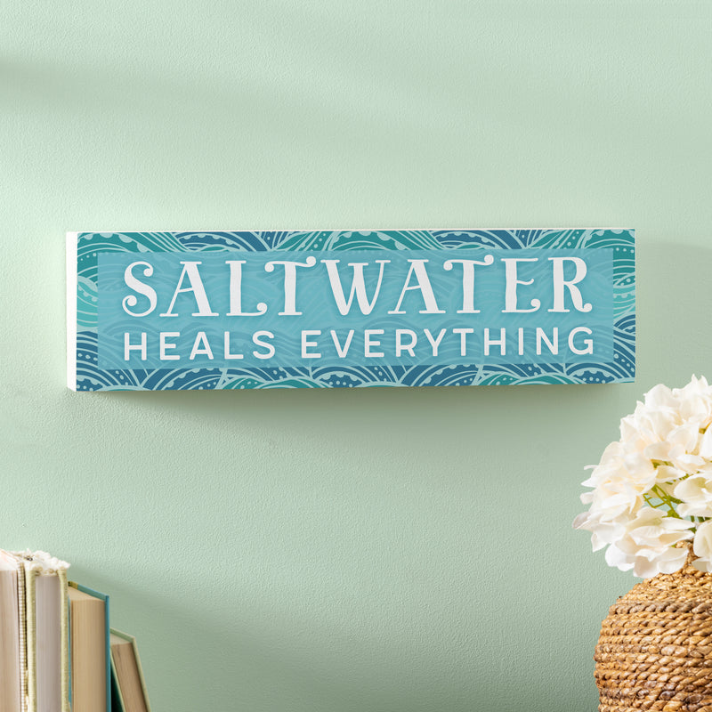 Blue Coastal Make Waves Wood Mantle Sign, "Saltwater Heals Everything", 18"x5"