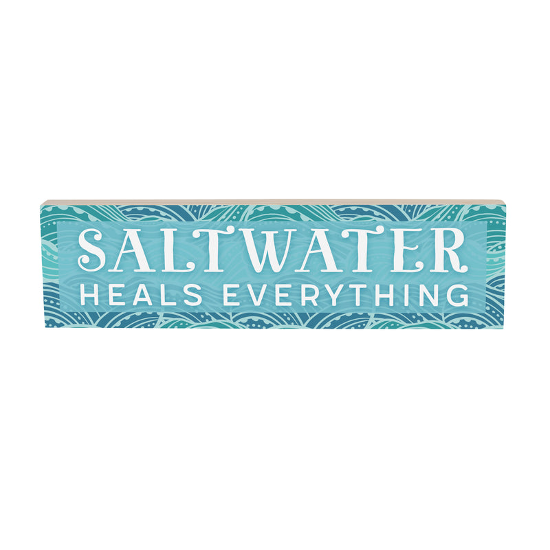 Blue Coastal Make Waves Wood Mantle Sign, "Saltwater Heals Everything", 18"x5"