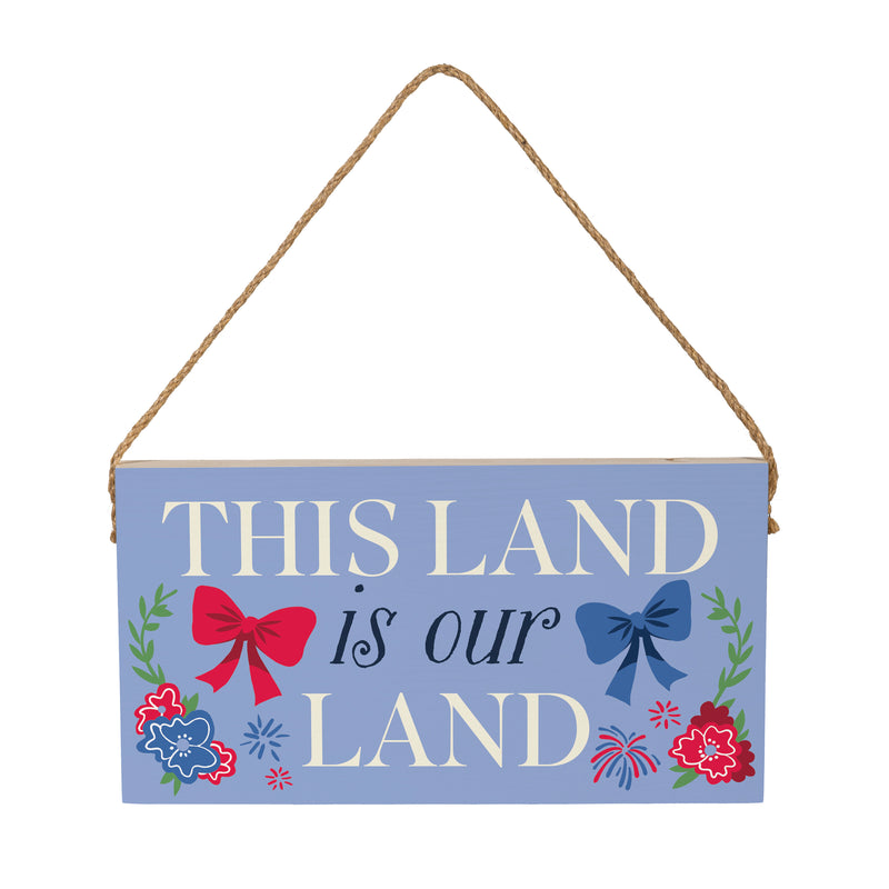 American Classic Red White & Bows Wood Hanging Sign w/ Rope, "This Land Is Our Land", 11"x6"