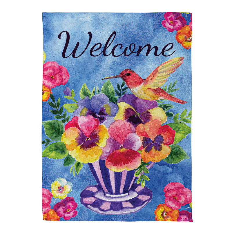 Pansies & Hummingbird Tea Cup Suede House Flag