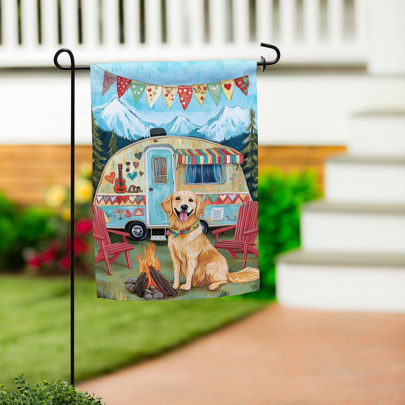 Camping Dog Suede Garden Flag