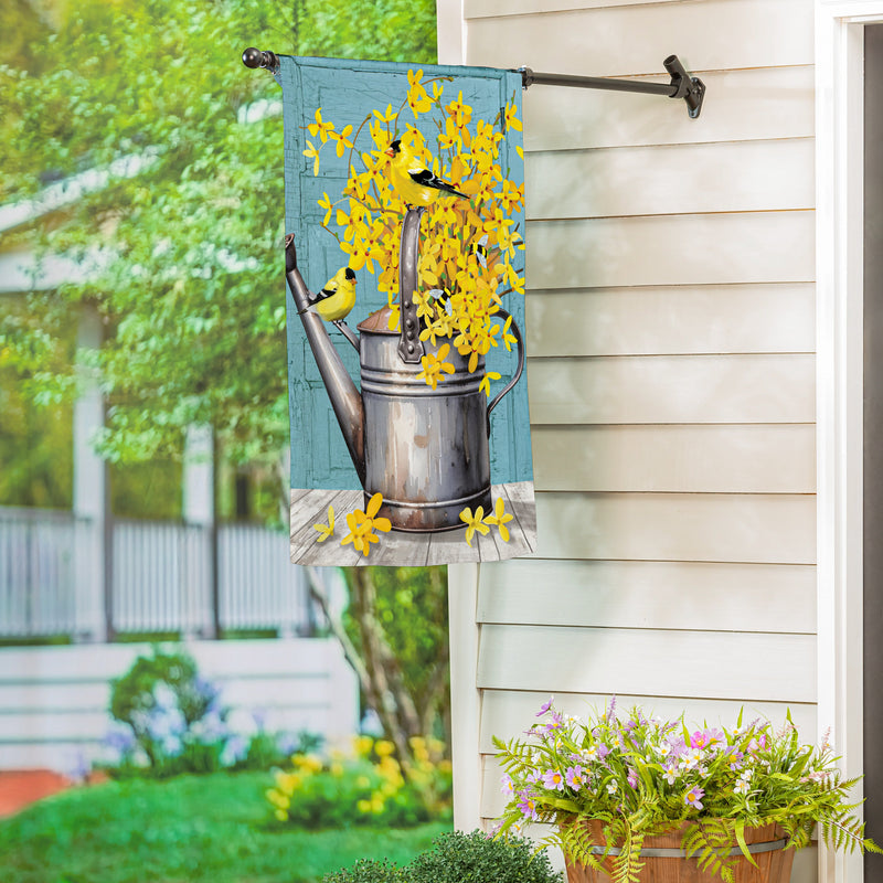 Forsythia Finch Watering Can Suede House Flag