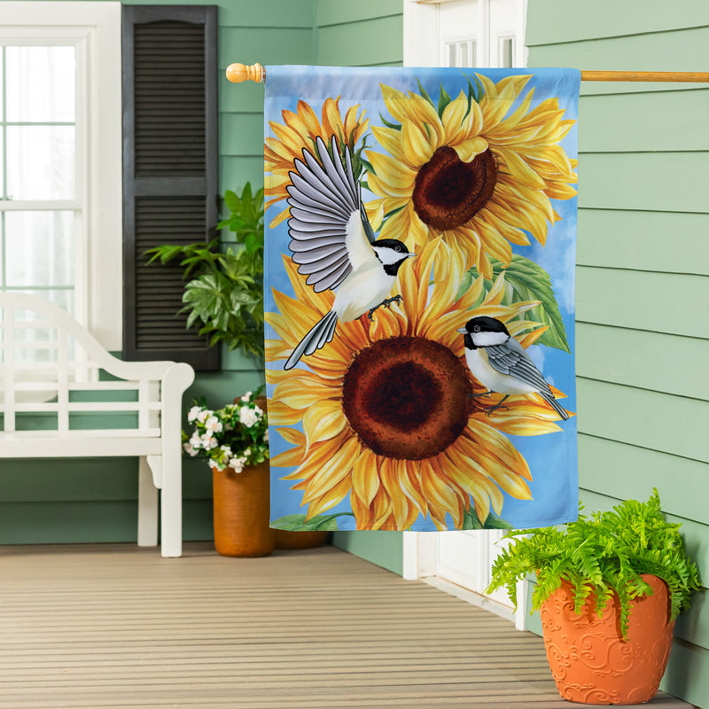 Sunflower Chickadees Suede House Flag