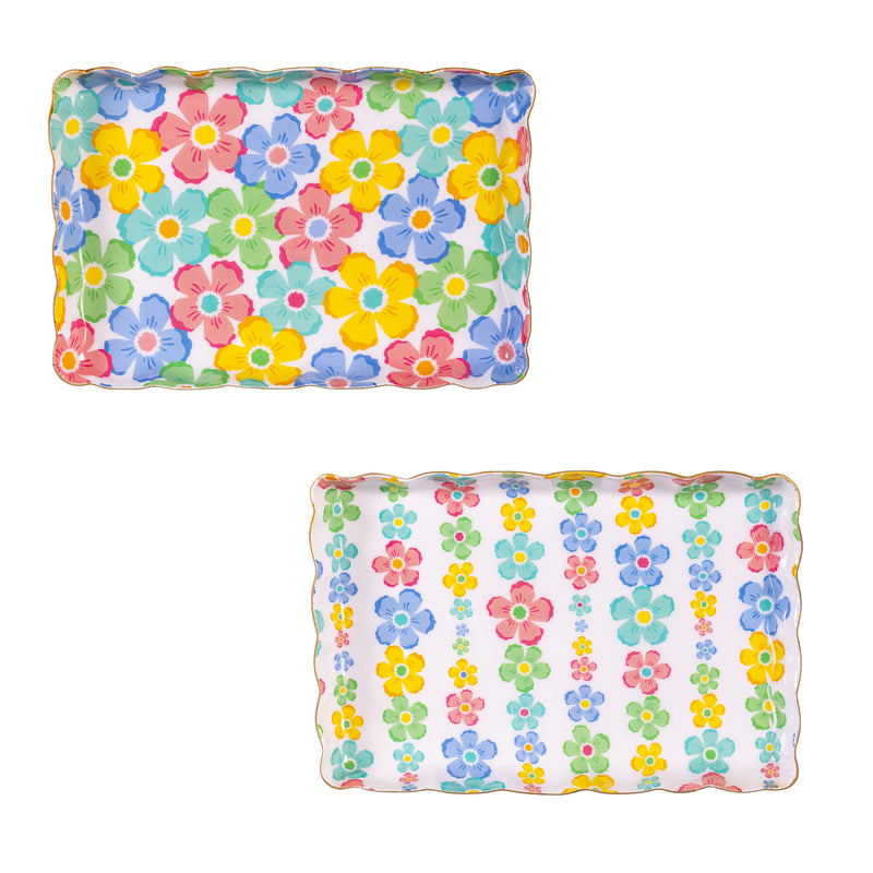 Trinket Dish, Scalloped Rectangular Floral, Asst of 2