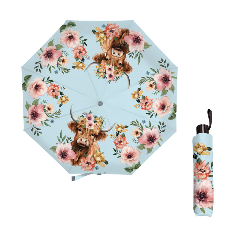 Petal & Plow Umbrella Manual Compact with Sleeve, Farm Highland Cow, 38" Canopy x 22.5"H