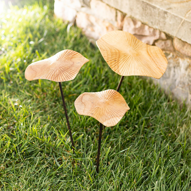 VivaStyle Garden Stake, Hand-Carved Wood Mushroom Garden Stake, Set of 3