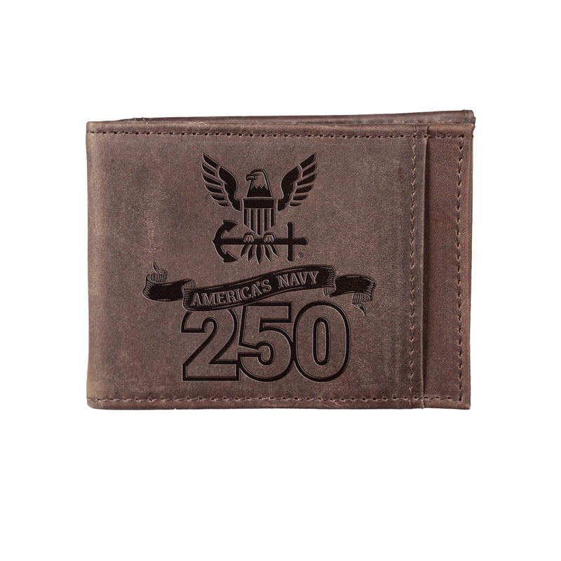 Front Pocket Wallet w/ RFID Blocking, US Navy, 250th Anniversary, Brown