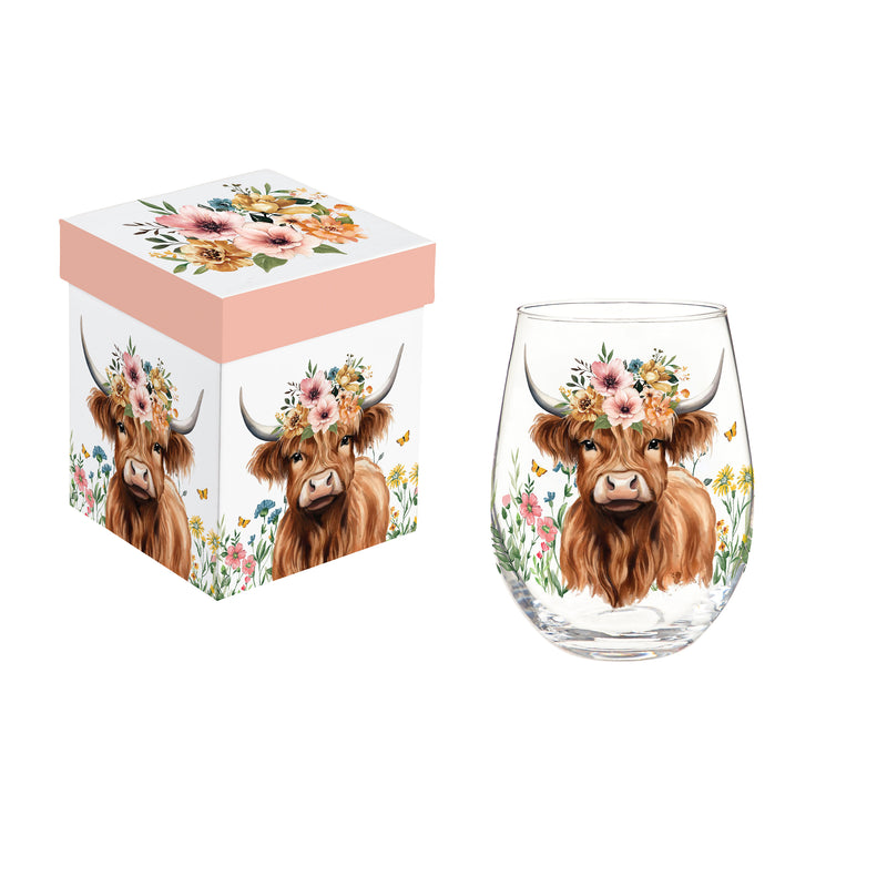 Petal & Plow Wine Glass Stemless, Farm Highland Cow, 17oz, Gift Box