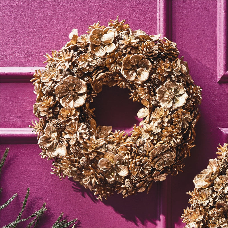 GILDED PINE CONE WREATH 15"