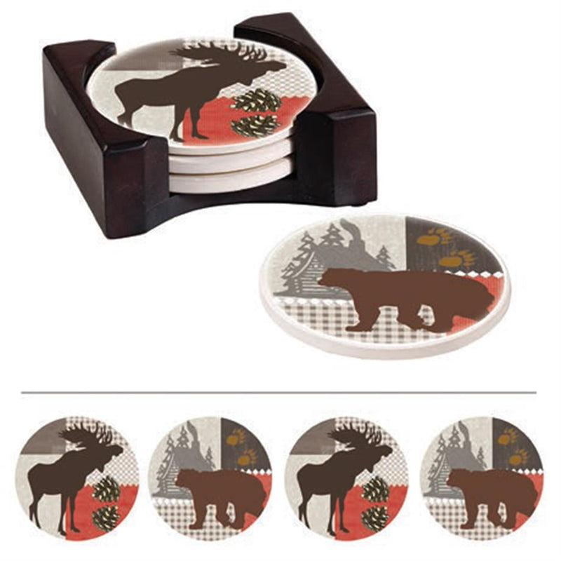 Set of 4 Coaster with Caddy, Moss and Bear