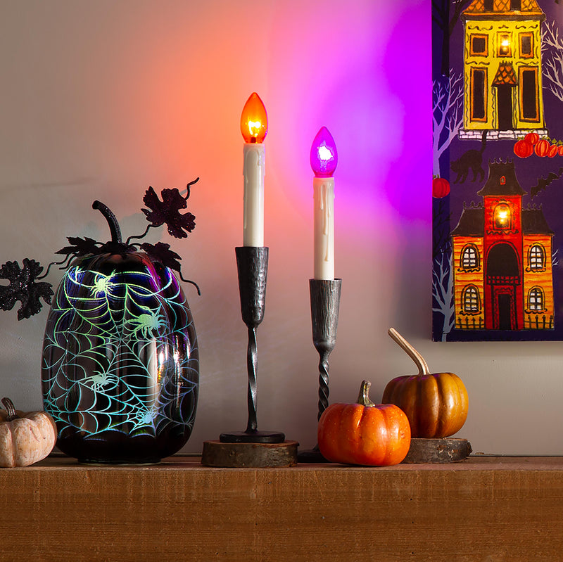 LED Glass Pumpkin, Black,  Spiderweb