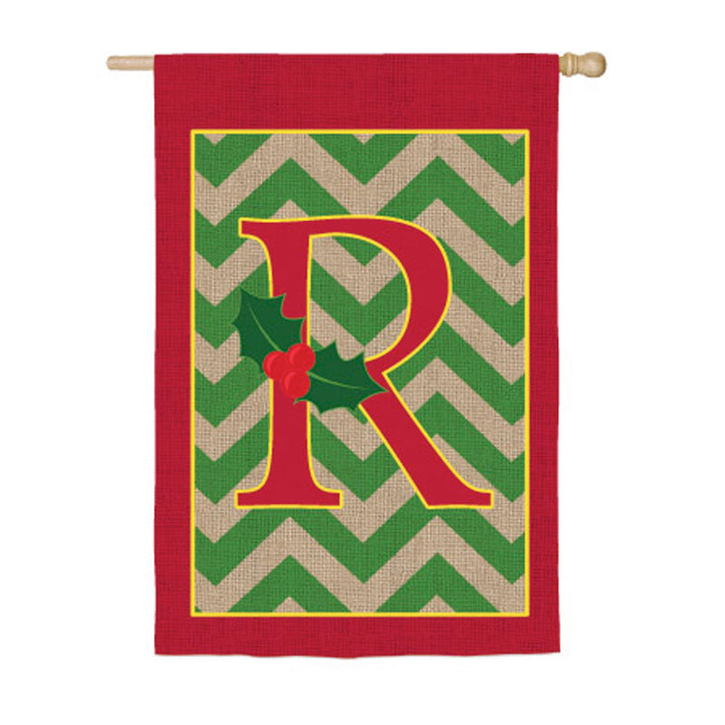 House Burlap Holly Monogram R Flag, 43"x29"inches