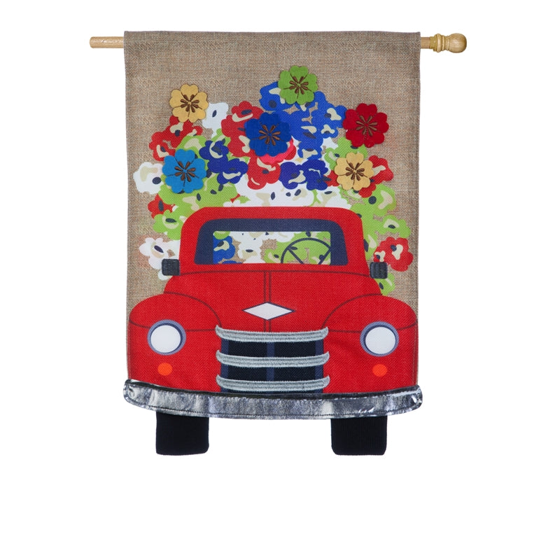 Red Truck Flowers House Burlap Flag,13b4757